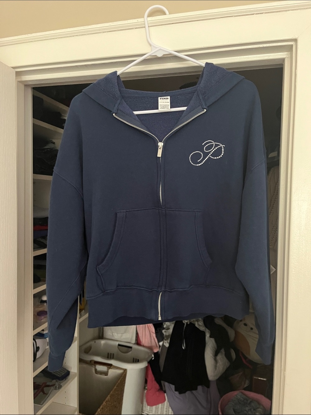 PINK Victoria's Secret Navy Rhinestone 'P' Zip-Up Hoodie